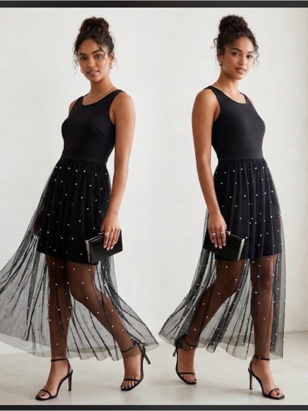 Black Mesh Pearl-Embellished Maxi Dress